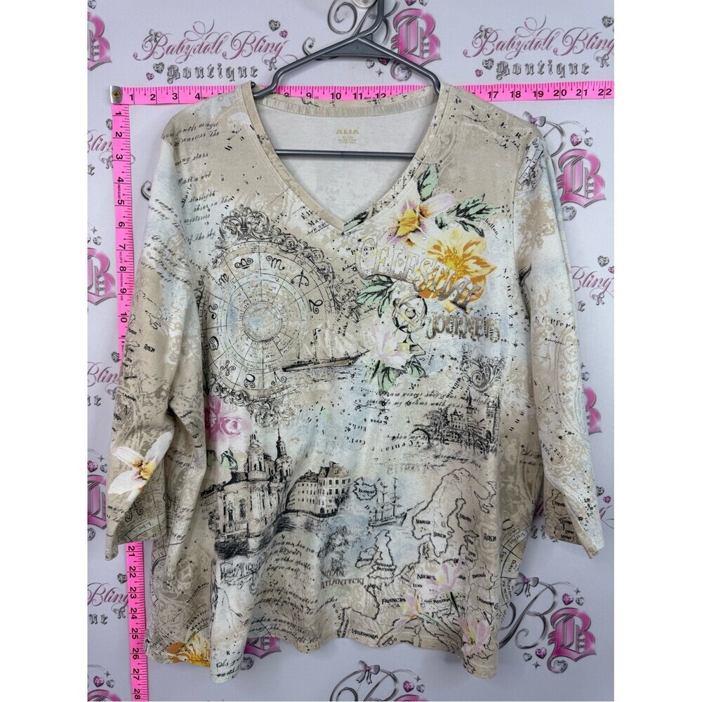 Alia horoscope shirt Beige Floral Map Print V-Neck Women's Top